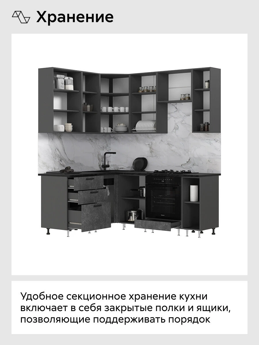 Кухонный гарнитур угловой Нонтон Рио New, 160x200 см, графит / бетон светлый / бетон темный / кастилло