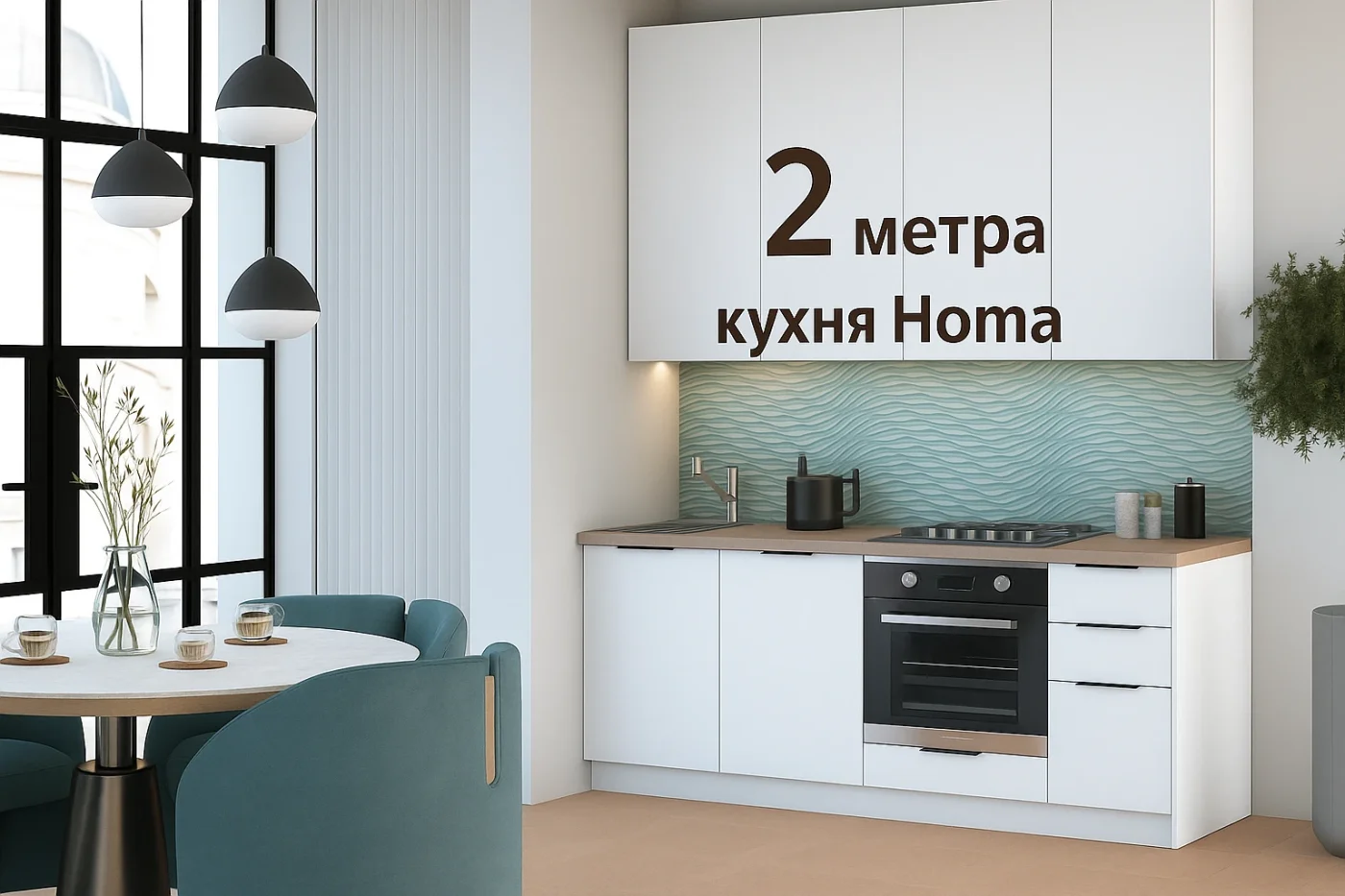 Кухня Homa МК стиль 200x60x25 см, ЛДСП, Белый шагрень, МК стиль, столешница 38 мм